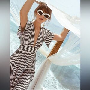 NWT SUCREFAS Striped Button Down Midi Gray and White Dress Size Large